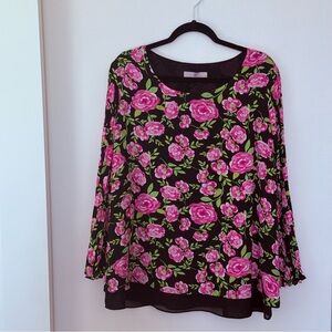 Laurie Felt Floral Print Lined Blouse w/Pleated Sleeves, XL, Preowned